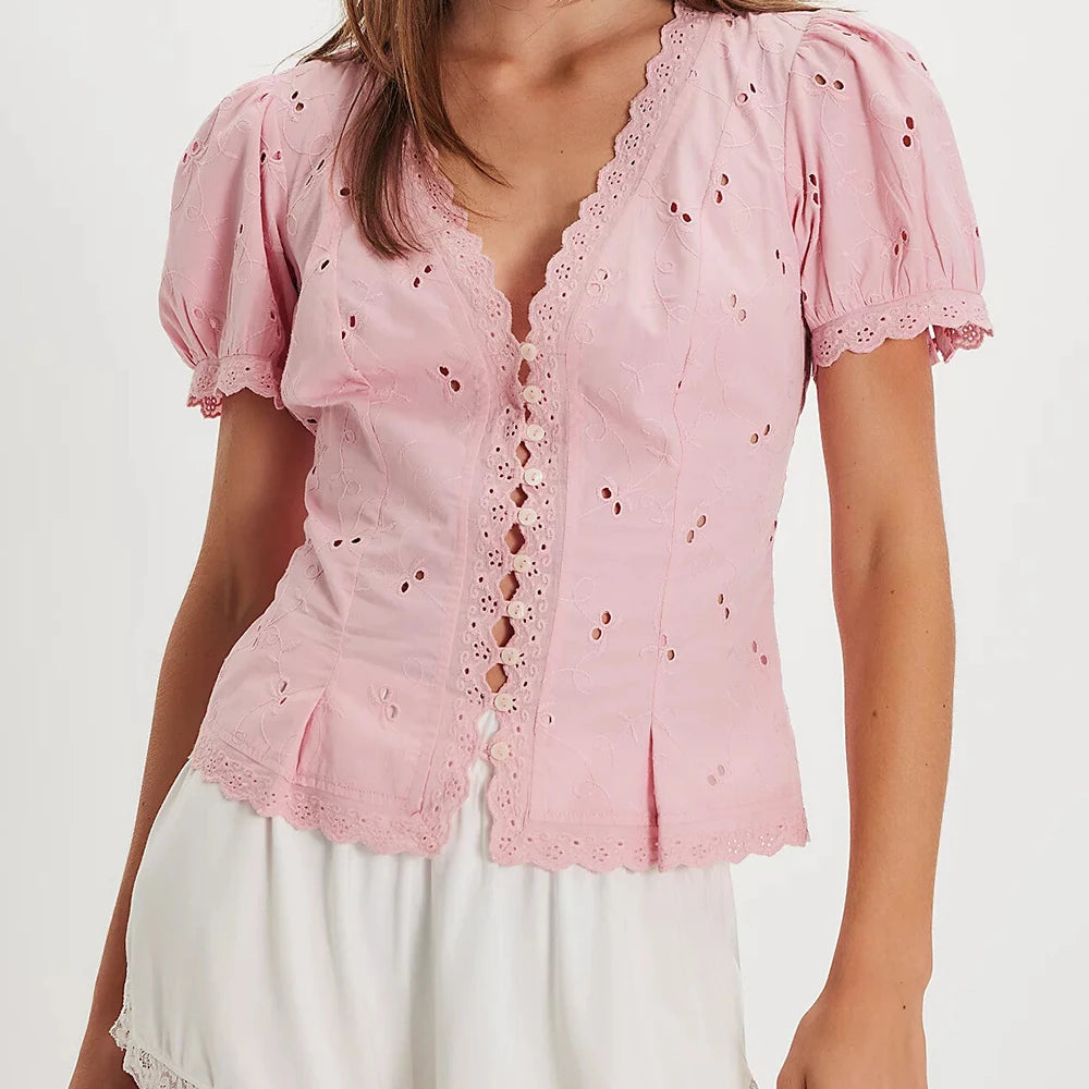 Women Summer Puff Short Sleeve Embroidered Eyelet Peplum Blouse Button Up Smocked Babydoll Crop Tops Going Out Shirts Streetwear