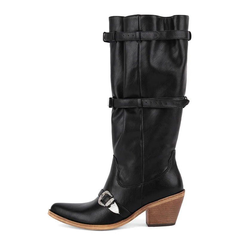 Onlymaker  Pointed Toe Women Western Cowgirl Boots Pull On Belt Buckle Knee High with Chunky Heel  Boots