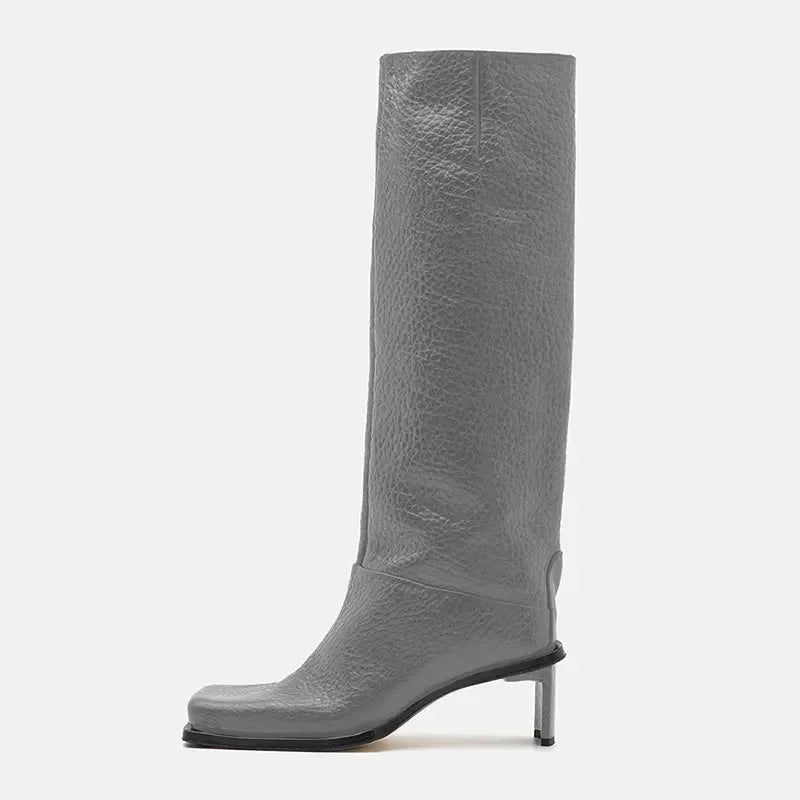 2026 New Fashionable Square Head High Heels Women's Knee Length Boots with Side Zipper Stone Pattern Women's Mid Length Boots