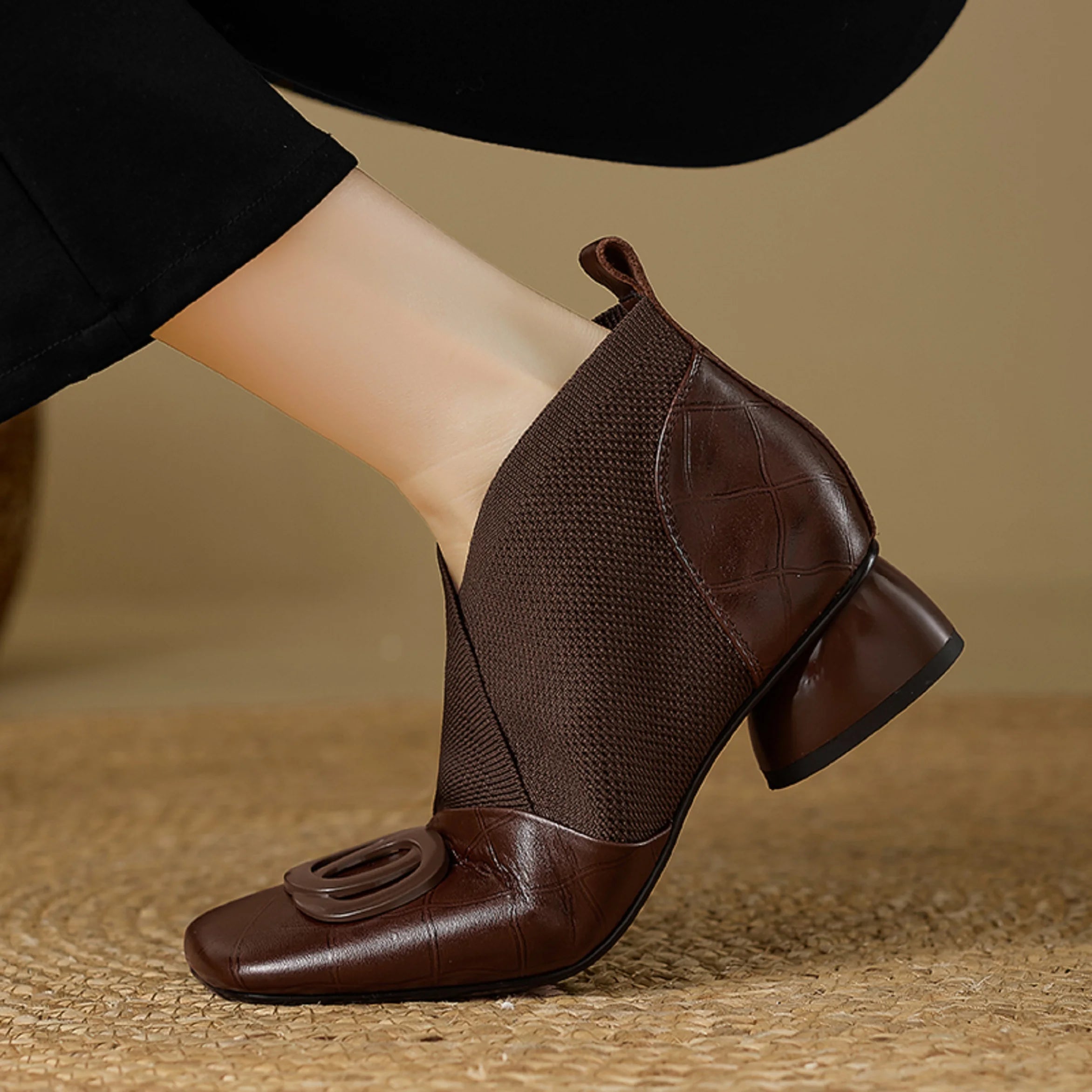 Handmade Brand Genuine Leather Women Ankle Boots Mid Heels Square toe Autumn Winter Dress Party Lady 34-43