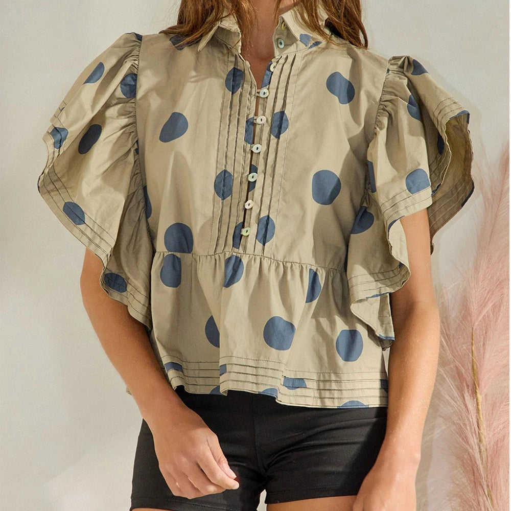 Women Vintage Polka Dot Short Ruffle Sleeves Tops Cute Button V Neck Pleated Cropped Babydoll Blouses Aesthetic Preppy Shirts