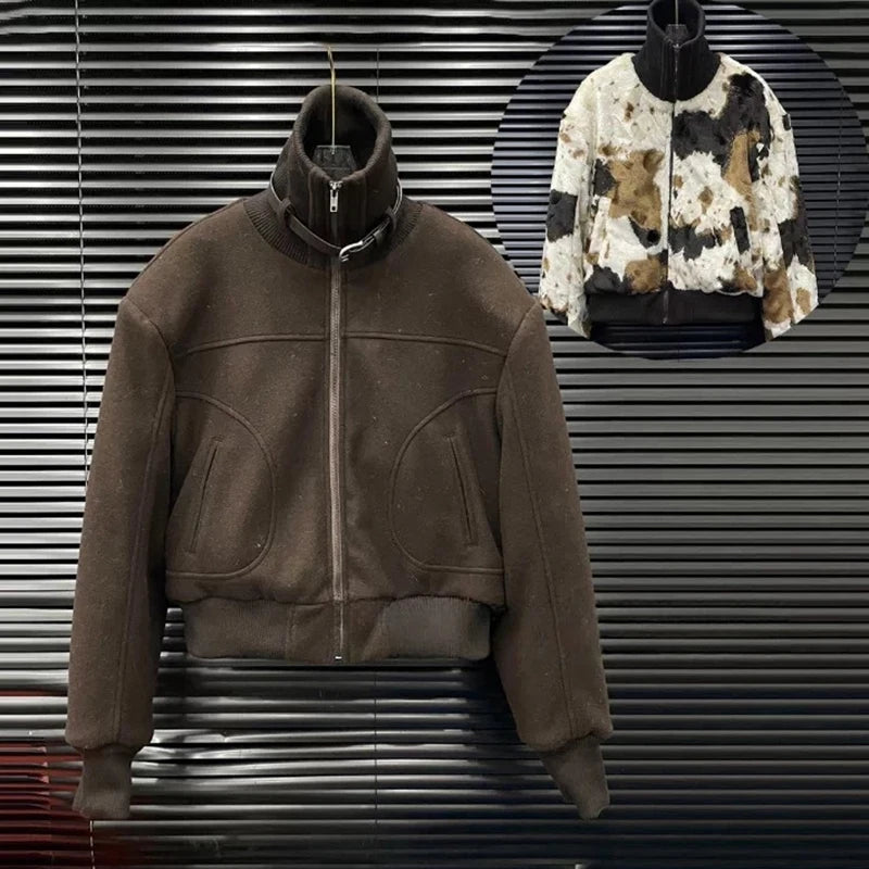 2026 Autumn Winter New Plush Reversible Wool Coat For Women Warm Fashion Print Stand Collar Short Jacket Female 1A1609