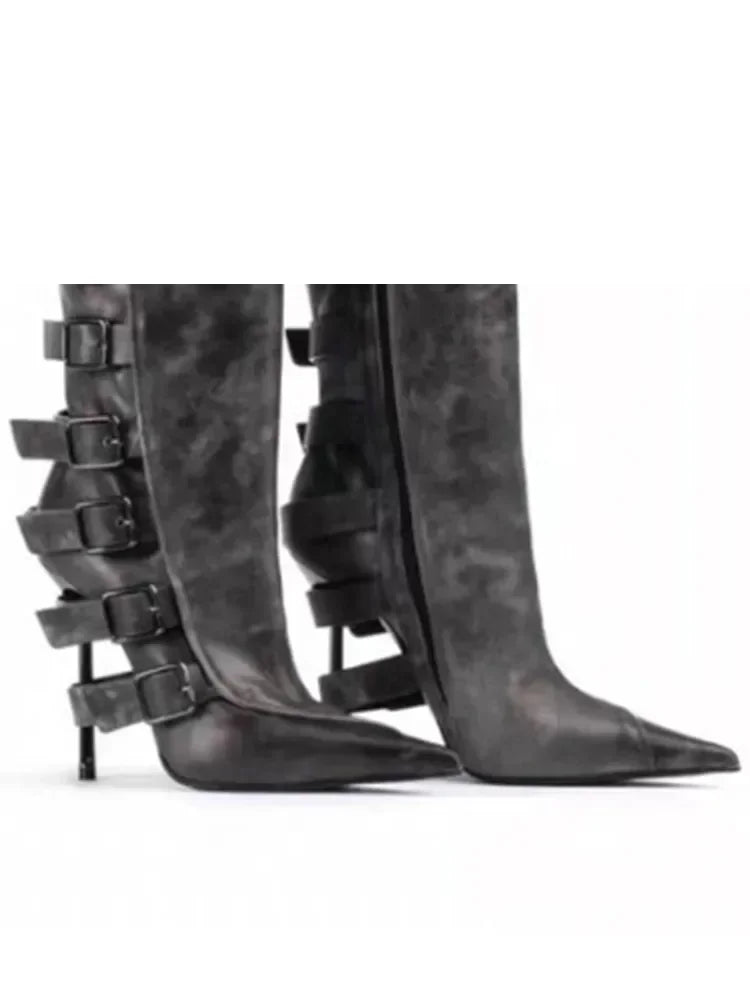 2026 New Belt Buckle Stiletto High Heels Knee Length Boots Autumn/Winter Women's Fashion Pointed Party 34-46 Large Medium Boots