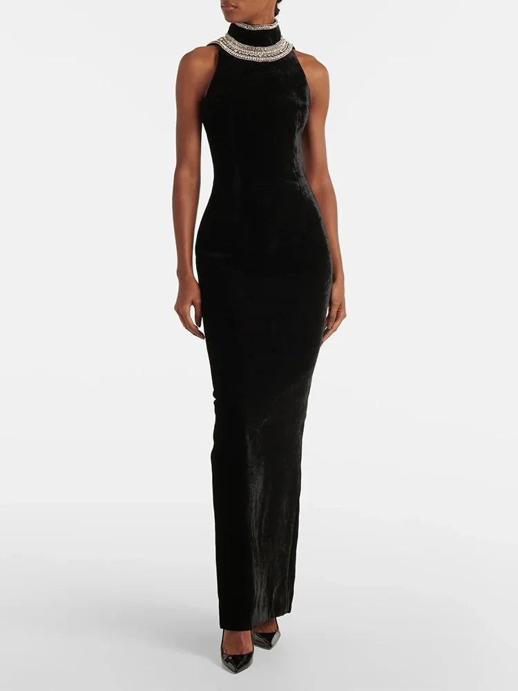 STREET Newest Fashion 2026 Designer Party Vestido Women's Diamonds Beading Sleeveless Sexy Backless Velvet Long Maxi Dress