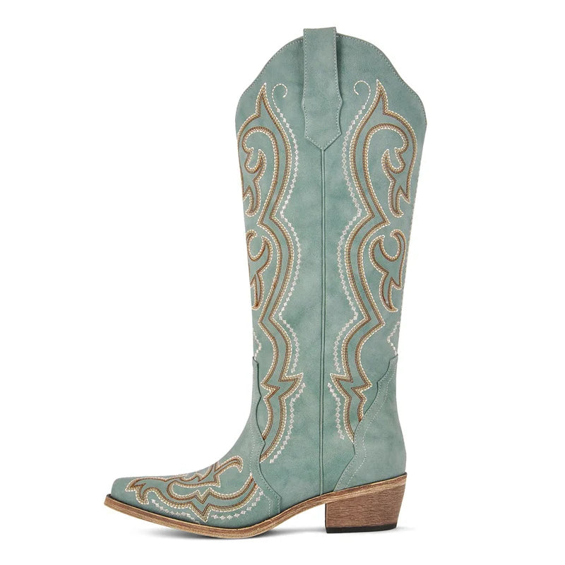 Onlymaker Women Pointed Toe Side Zipper Knee High Embroidery Western Cowgirl Boots Chunky Heel Embroidery Cowboy Boots