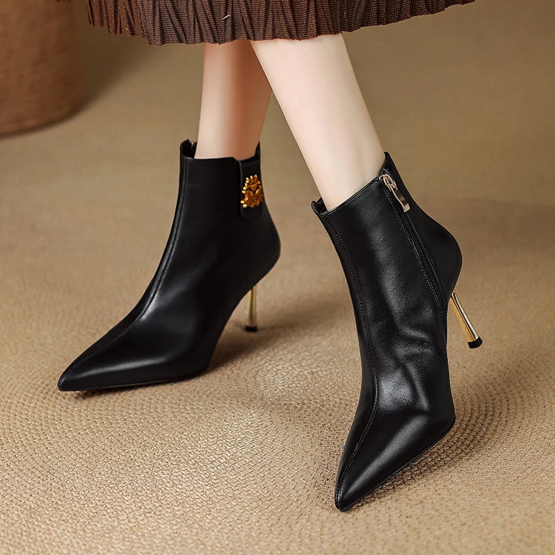 Handmade Genuine Leather Women Elegant Point Short Boots Female Autumn Winter Shoes Party Shoes 33-40