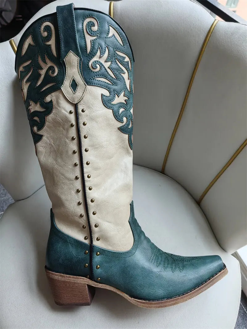 Onlymaker Women Pointed Toe Cow print Pull On Knee High Western Cowgirl Boots Chunky Heel Cowboy Boots