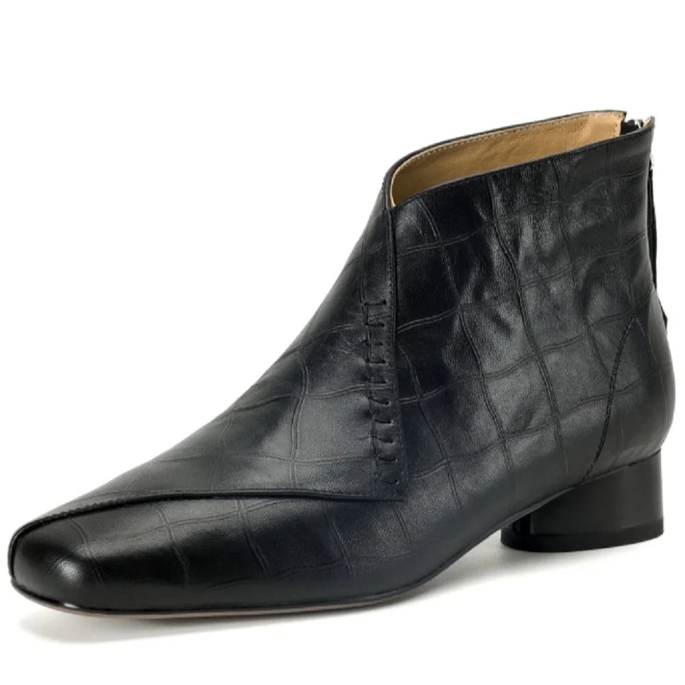 women's stone pattern cow leather square toe front Back ankle boots med heel casual short boots 34-40