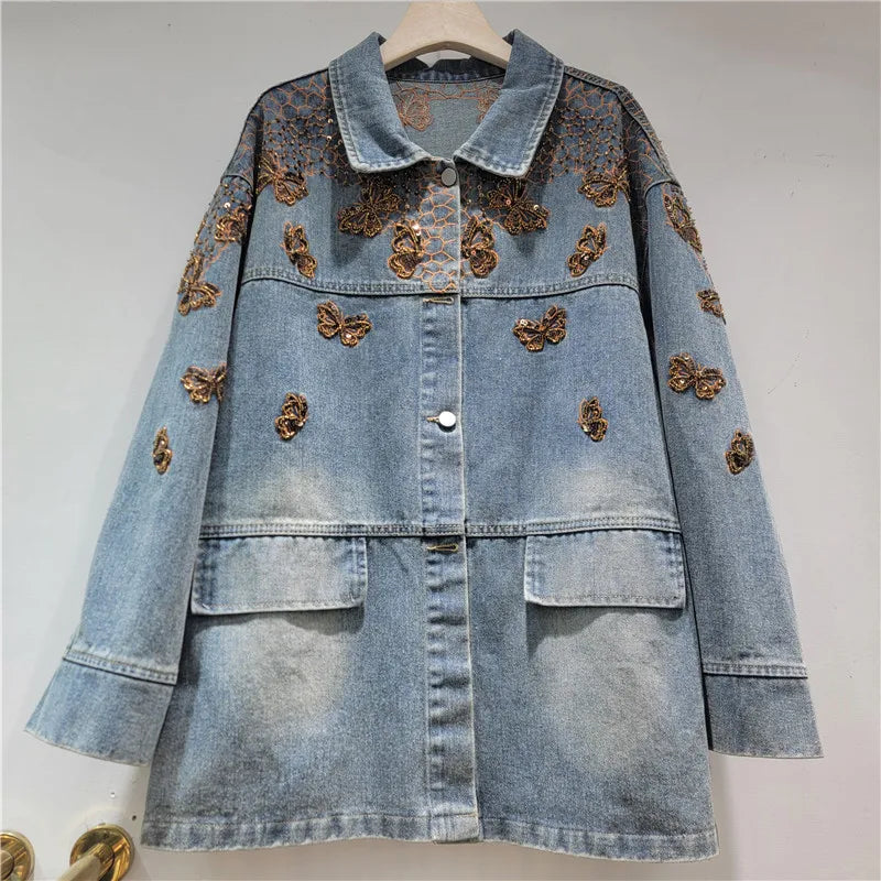 2026 Jaens Jacket Spring New Heavy Beaded Butterfly Embroidery Denim Jacket For Women Loose Single-breasted Coat Female Trendy 11A08681