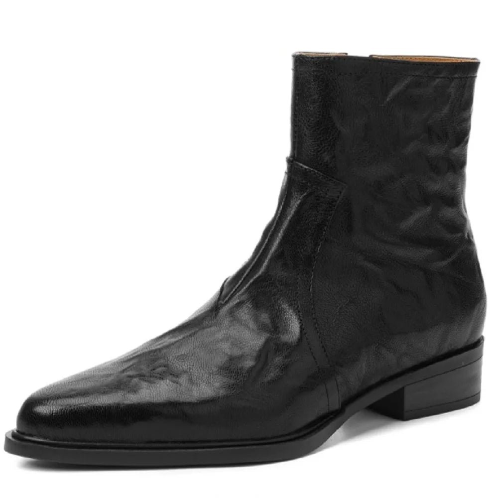 Handmade Genuine Leather Western Cowboy Women's Pointed Toe Short Boots British Style Mid Heel Boots 34-40