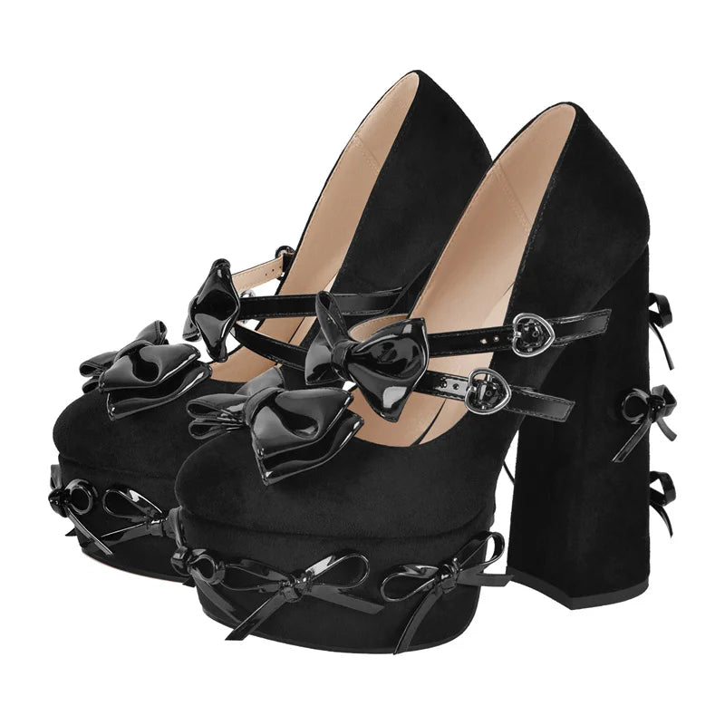 Women Pumps Mary-Jane Platform Black Bow-knot Chunky High Heels Ankle Strap Dress Party Hoof Heel Plus Size Shoes