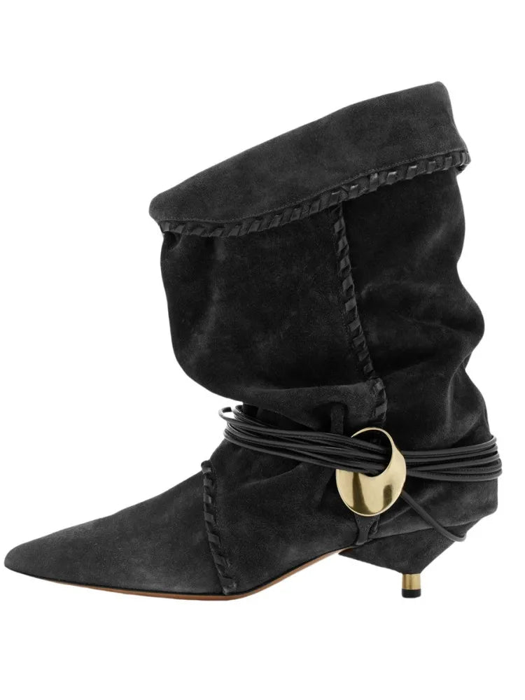 Women's Autumn and Winter New 5cm Slim Heel Fringed Calf Boots with Pointed Pleats, Women's Knight Boots, Mid Leg Boots