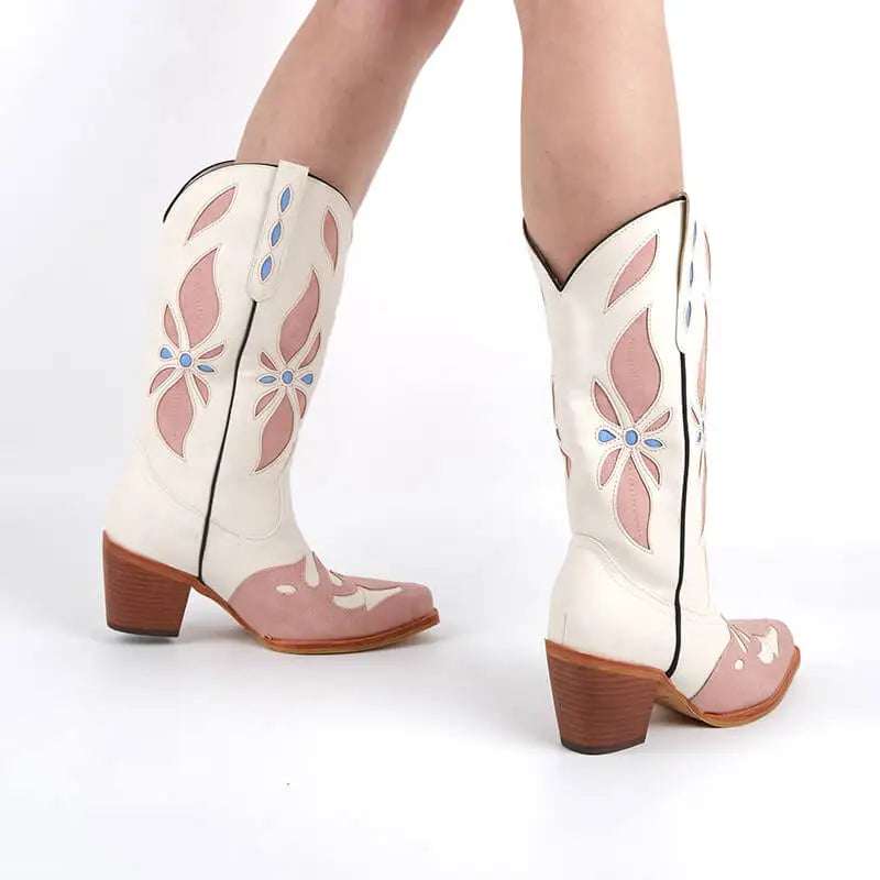 Onlymaker Women Pointed Toe Pull-on Knee High Western Boots Comfy  Wide Calf Chunky Heel Retro Classic  Cowgirl Boots