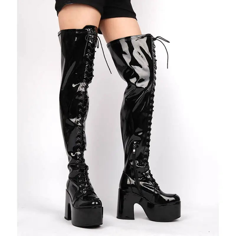 Onlymaker Round Toe Platform Patent Leather Boots Chunky Heel Gothic Boots Side Zipper Lace-up Thigh High Punk Boots