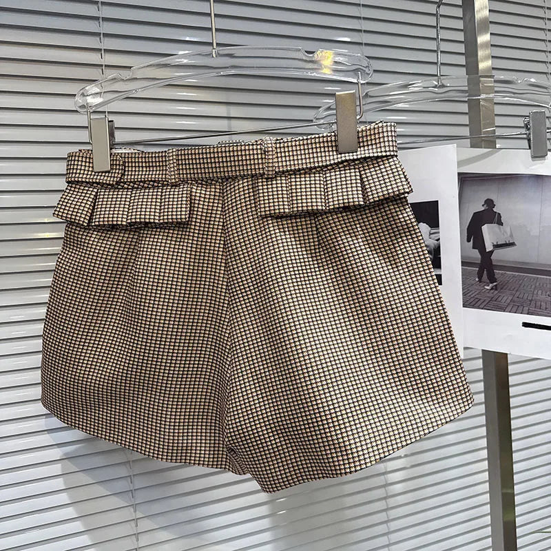 2026 Autumn New Women's Two-pieces Set Bow Tie Scarf Plaid Short Jacket Casual Versatile Belt Shorts Sets Female 11A06528