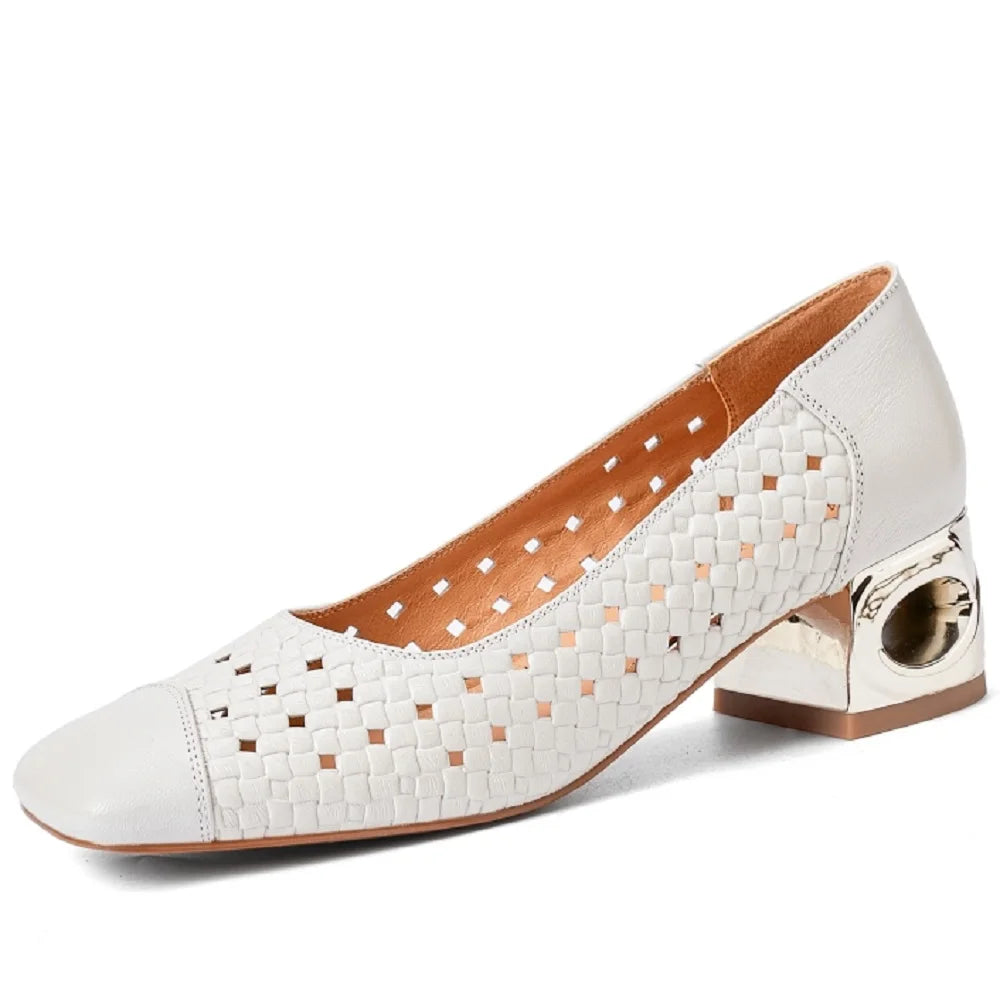 Women's hollow-out Handmade Genuine Leather patchwork summer breathable Mid heel elegant ladies daily slim 34-40