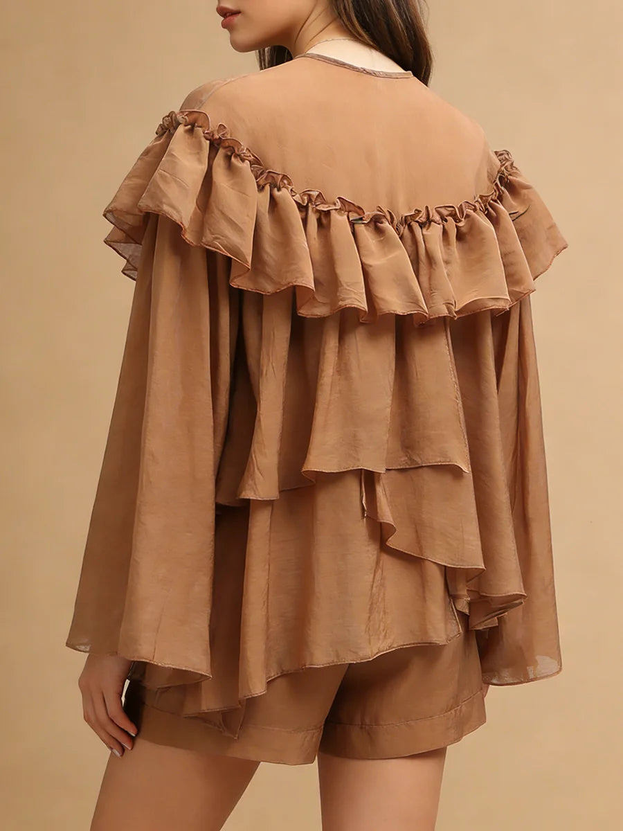 Gentle Fairy Style Loose Coffee Chiffon Blouse for Women Tiered Ruffle Accent Long Sleeve Pullover Design for Afternoon Tea