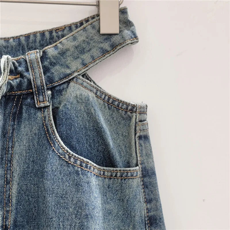 2026 Spring New Fashion Vintage Cargo Jeans For Women High Waist Hollow Out Straight Versatile Wide-Leg Pants 11A08747