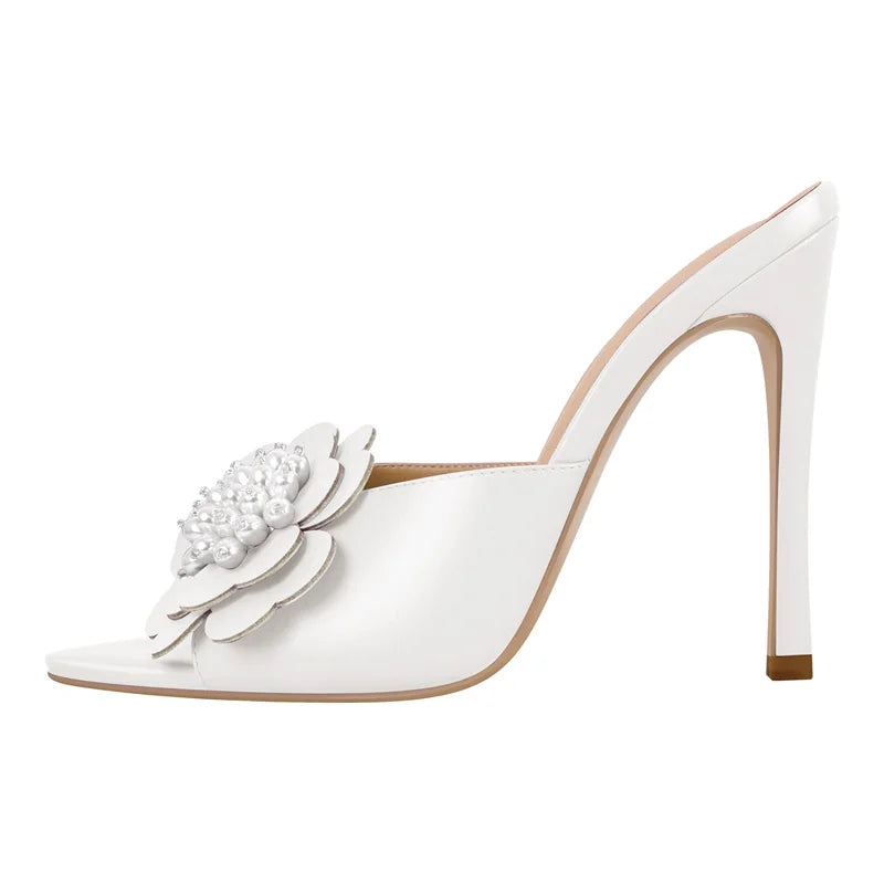 Women Peep Toe Mules Flower Pearl Pointed Toe Big Size Stiletto Mules