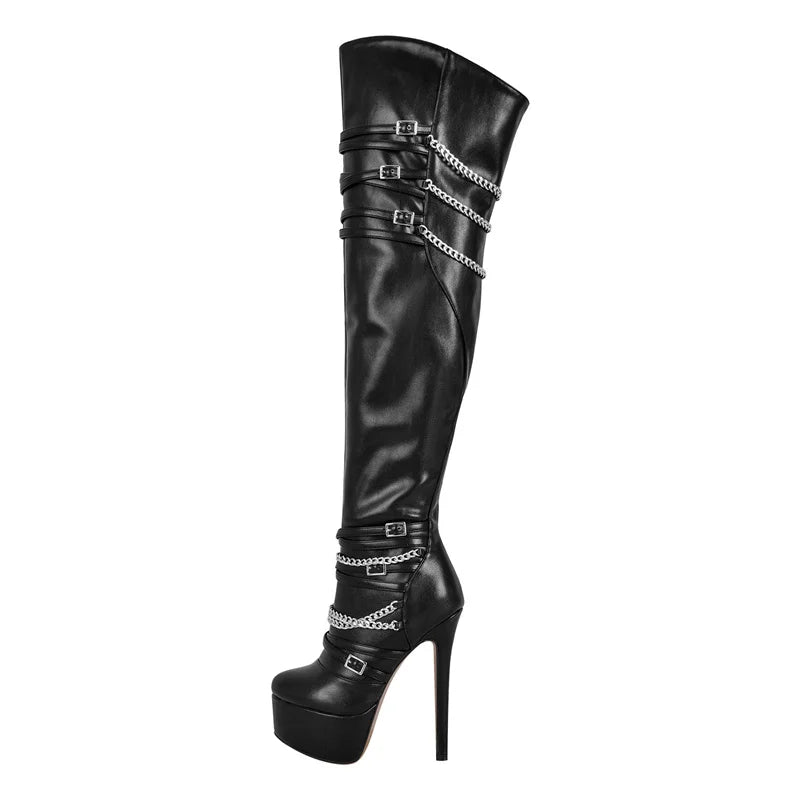Onlymaker Women Over The Knee Boots Thin High Heel Lady Black  Metal Chain Decoration Zipper Female Winter Platform Boots