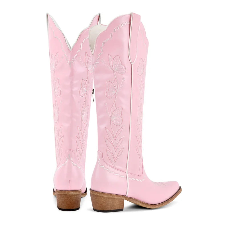 Onlymaker Women Pink Pointed Toe Pull-on Knee High Cowgirl Boots Big Size Comfy Female Mid Calf Chunky Heels Cowboy Boots