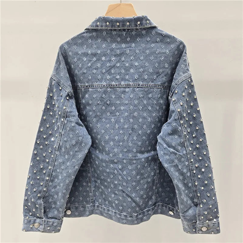2026 Jeans Jacket Fashion Spring New Items Jacquard Diamond Denim Lapel Jacket For Women New Trendy Loose High-End Casual Denim Coat 11A08571