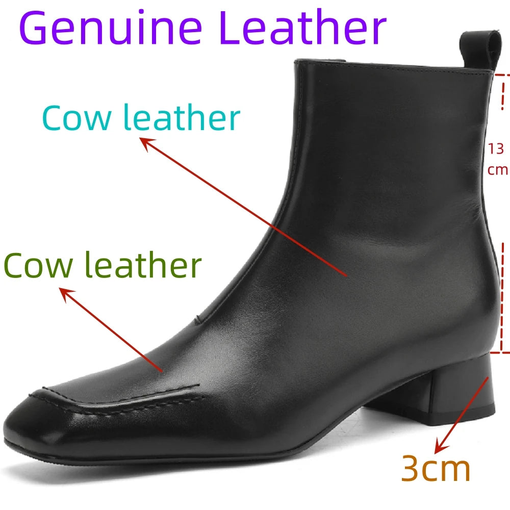 Women's Handmade Genuine leather square toe zip Soft comfortable ankle boots elegant ladies med heel dress 34-40