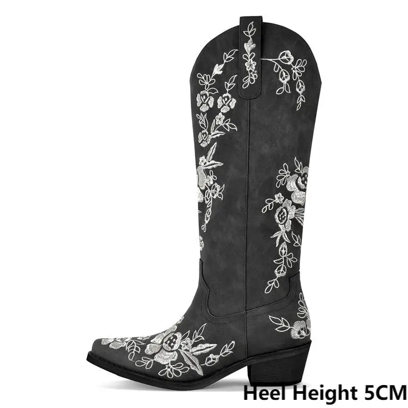 Onlymaker Women Pointed Toe Pull-on Knee High Cowgirl Boots Comfy Pull On Wide Calf Chunky Heel Retro Classic Western Boots
