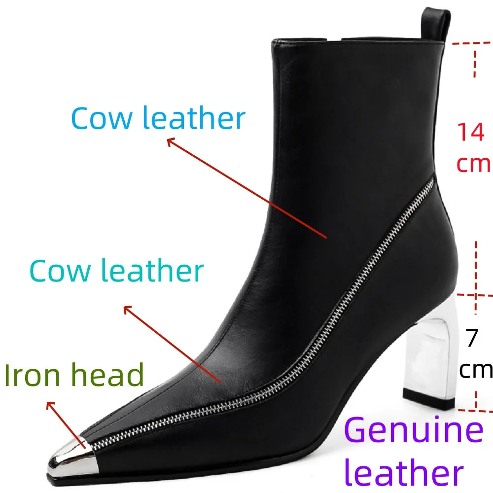 New Brand Handmade Sexy Genuine Leather Female Pointed Toe Zipper Boots Mid Heels Ankle Boots 33-40