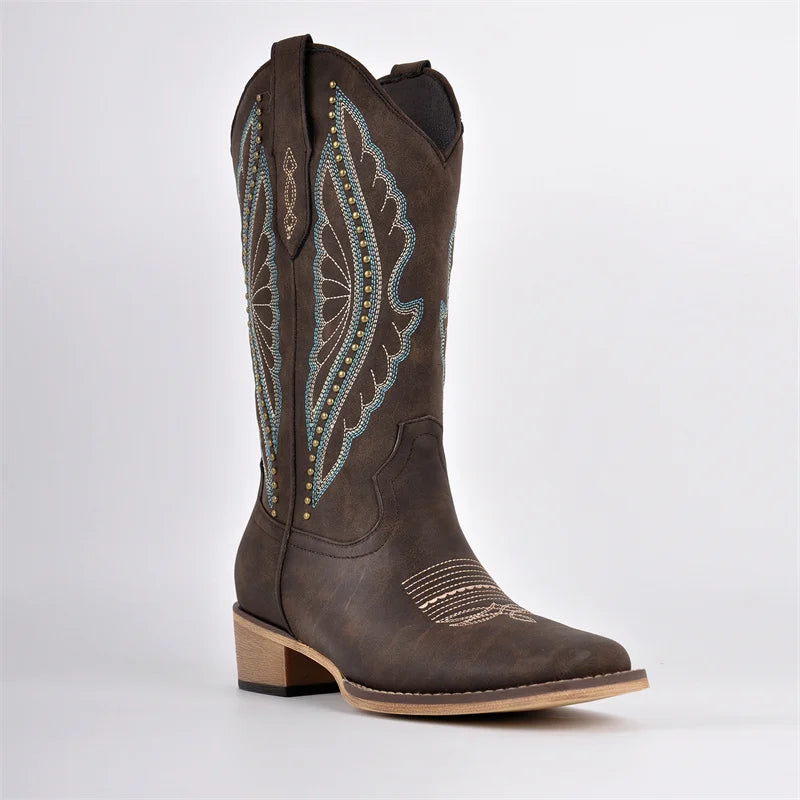 Onlymaker Women Square Toe Cowboy Boots  Wide Calf Cowgirl Boots Embroidered Western Work Boots