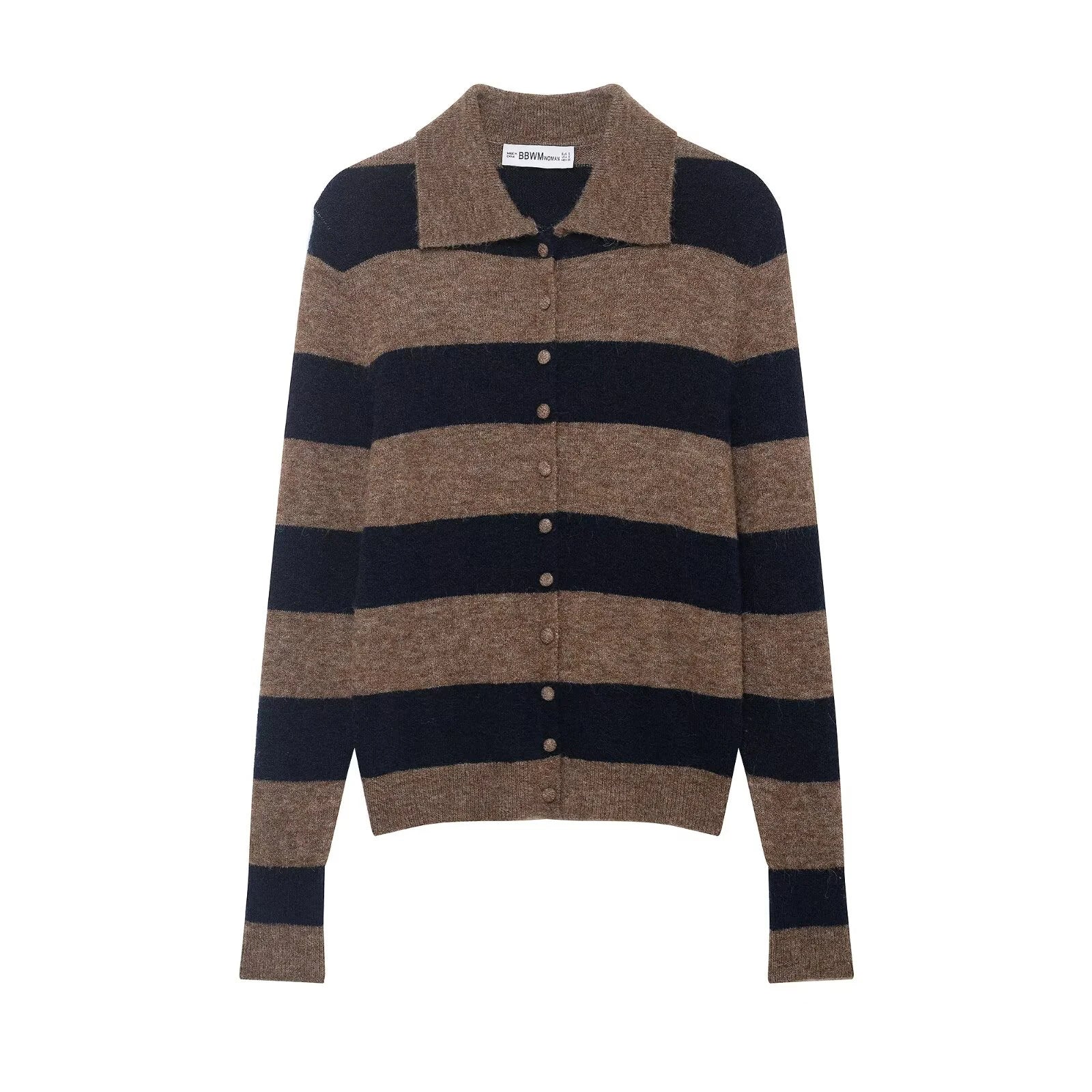 2025 Winter New Product Women's Flip Collar College Style Long Sleeve POLO Collar Striped Knitted Cardigan