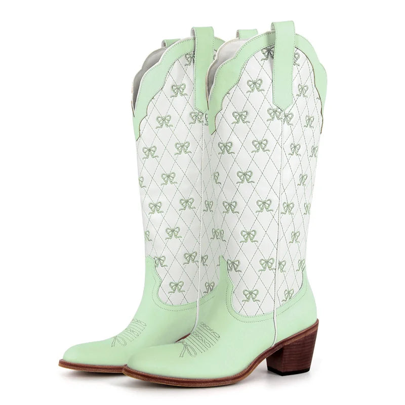Onlymaker Women White  Pull-on Knee High Cowgirl Boots with Bow  Big Size Comfy Women Cowboy Boots