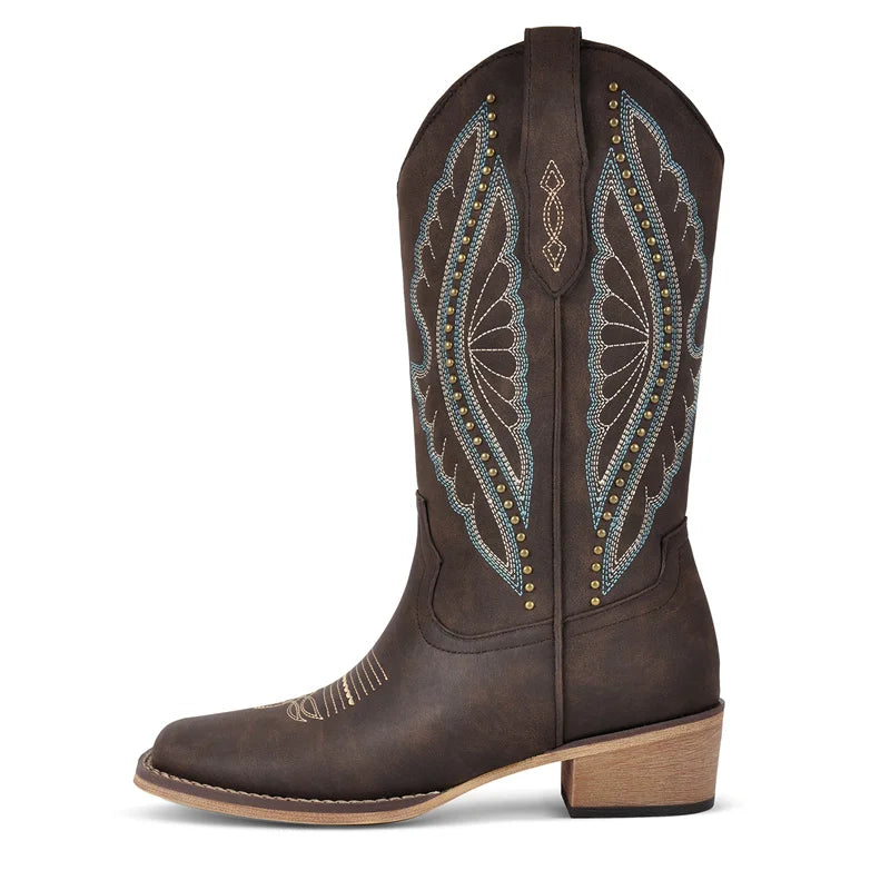 Onlymaker Women Square Toe Cowboy Boots  Wide Calf Cowgirl Boots Embroidered Western Work Boots
