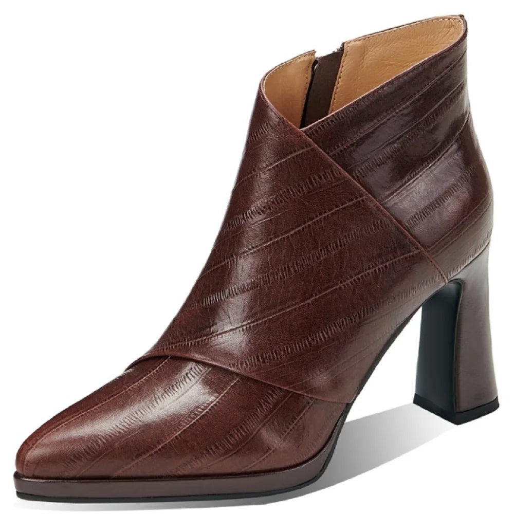 Women Handmade Genuine Leather Soft and comfortable Western Boots Pointed Toe Chunky Heel Retro Ankle Boots 34-40