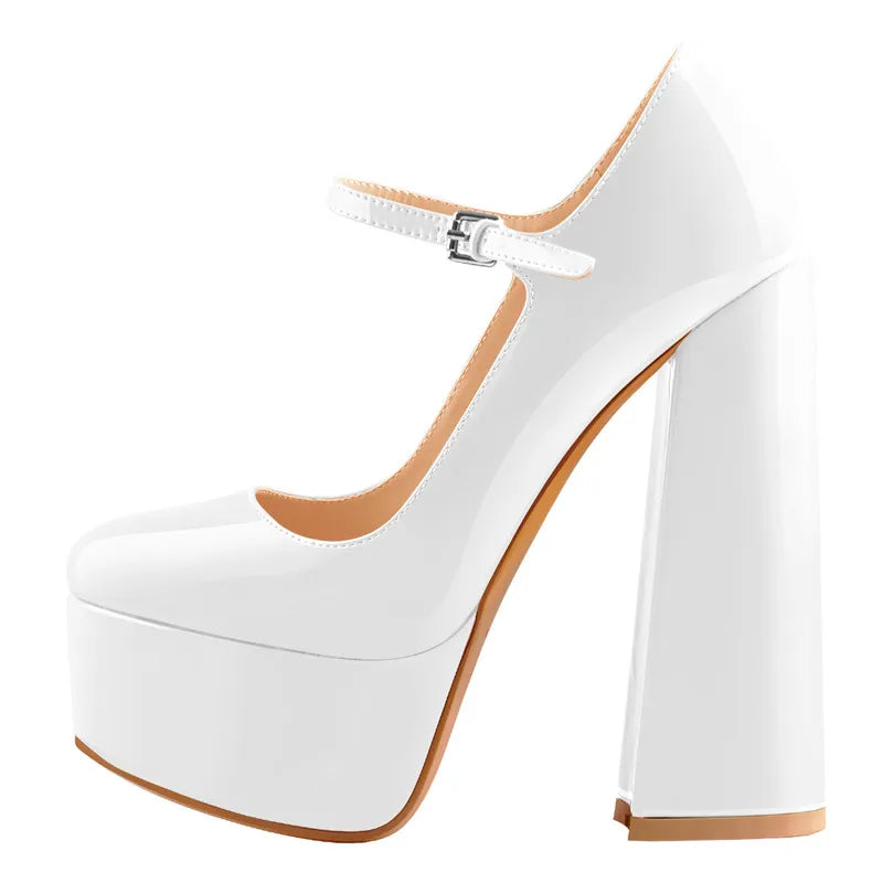 Women Pumps Mary-Jane Platform Black Pink Chunky 16CM High Heels Ankle Strap Dress Party Hoof Heel Plus Size Shoes