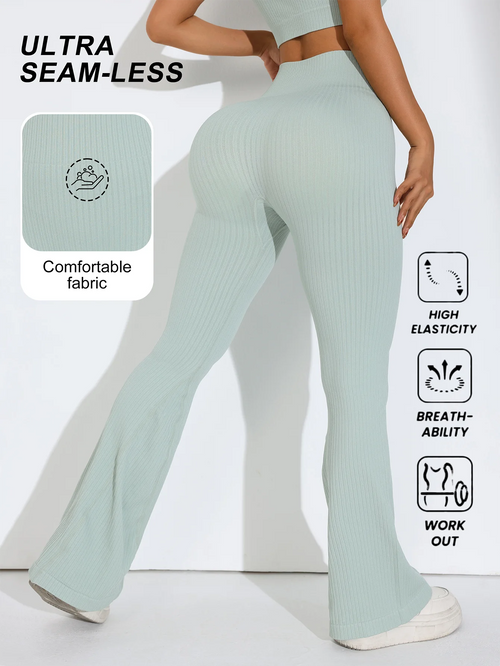 2 pcs/set Seamless Flare Pants Set Ribbed Tank Top Outfit Women's Clothing Breathable Flared Trousers Yoga-to-Street Athleisure