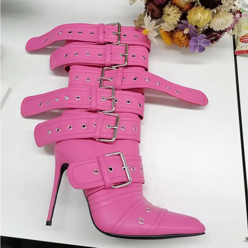 Onlymaker Women Pink Mid-Calf Boots Buckle Strap Thin High Heel Lady Zipper Female Pointed Toe  Stiletto Boots