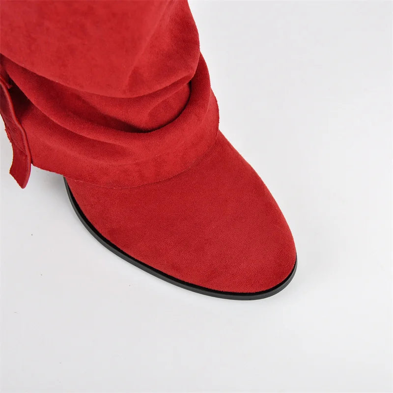 Onlymaker Women Round Toe Red Faux Suede Buckle Fold Over Knee High Boots Retro Chunky Heel Pull On Knee High Boots