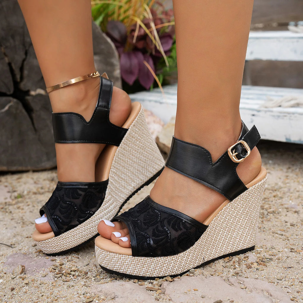 Plus Size Shoes for Women 36-43 Summer Platform Wedges Buckle Strap Non-slip Sandalias De Mujer Lace Peep Toe Sandals