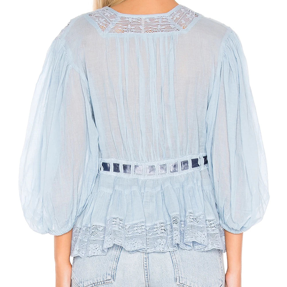 Womens Bow Tie Front Tops y2k Fairy Long Puff Sleeve V Neck Babydoll Peplum Shirts Cute Ruffle Flowy Pleated Blouses Streetwear