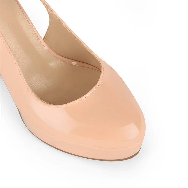 Women Round Toe Patent Leather Pumps High Heeled Big Size Slingback Office Dress Chuny Heel Classic Pumps Heels