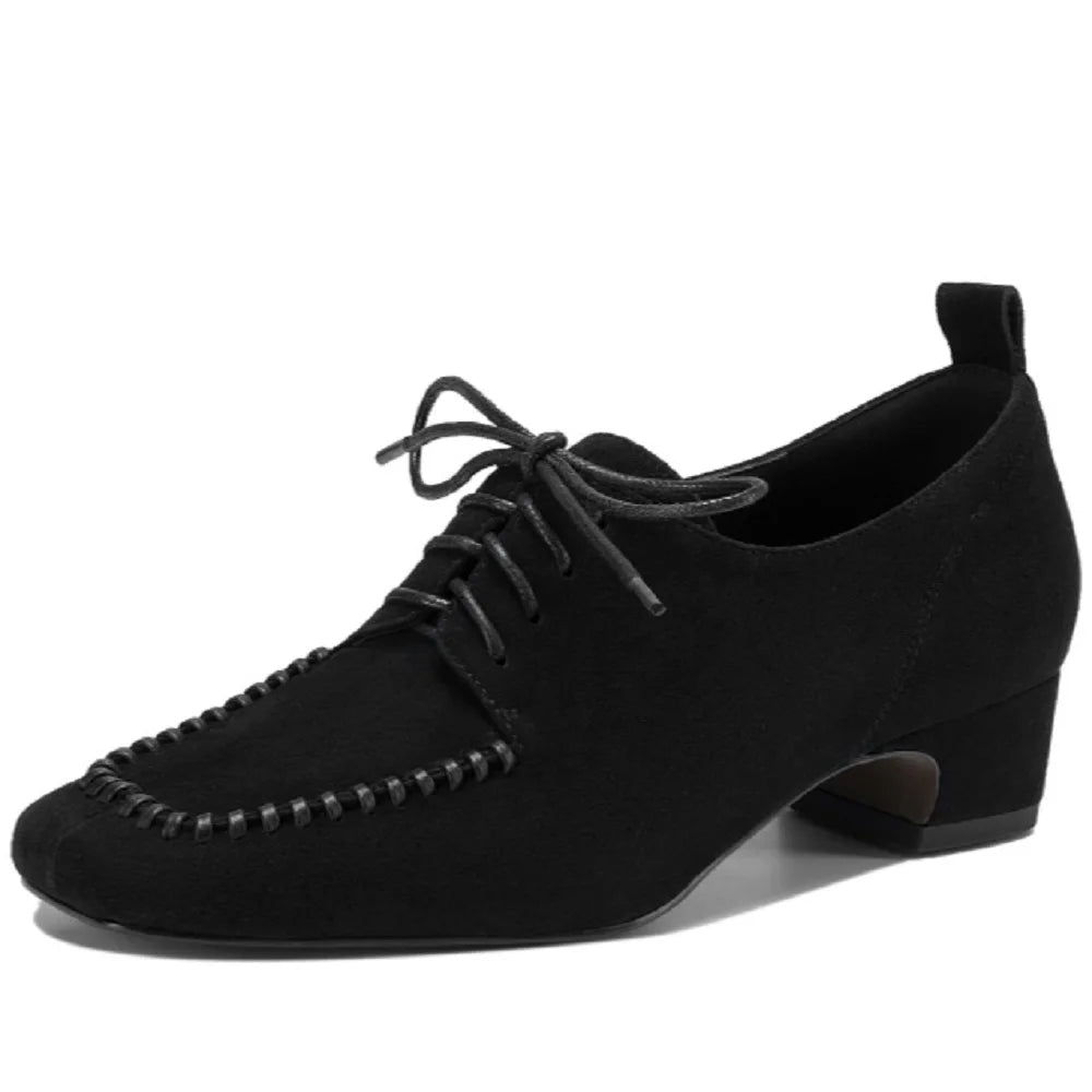 Women's natural suede leather square toe lace-up flats oxfords high quality soft comfortable casual female 34-40