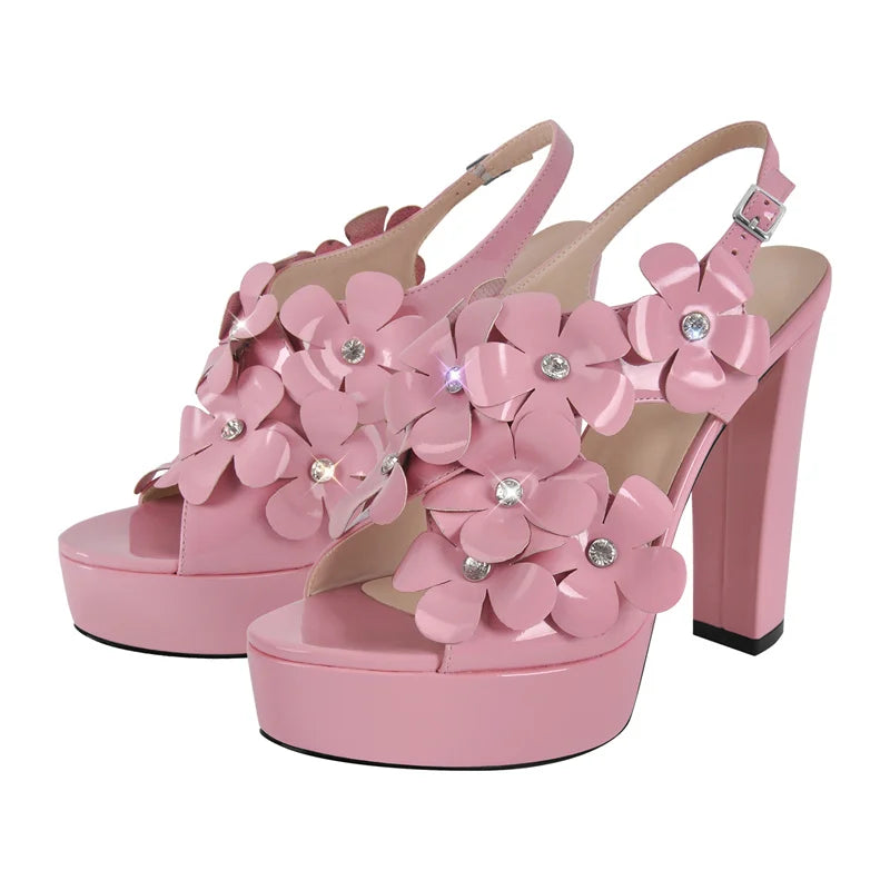 Women Open Toe Pink Patent Leather  Platform Chuncky Heel Ankle Buckle Strap Sandals Big Size Flower Punk Sandals