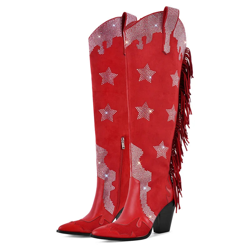 Onlymaker Women Pointed Toe Side Zipper Fringe Rhinestone Western Cowgirl Boots Chunky Heel Cowboy Boots