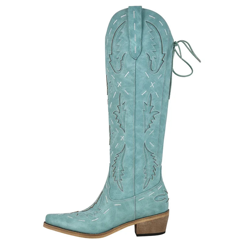 Onlymaker Women Cowgirl Boots Embroidery Lace-up Knee High Wide Calf Western Cowboy Boots