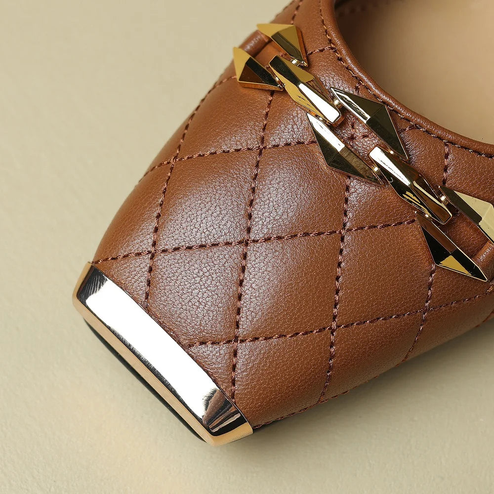 New Arrival Chain Design Genuine Leather Mid Heel Shoe Spring Fashion Leisure Club Party Wedding Women Heels Shoe