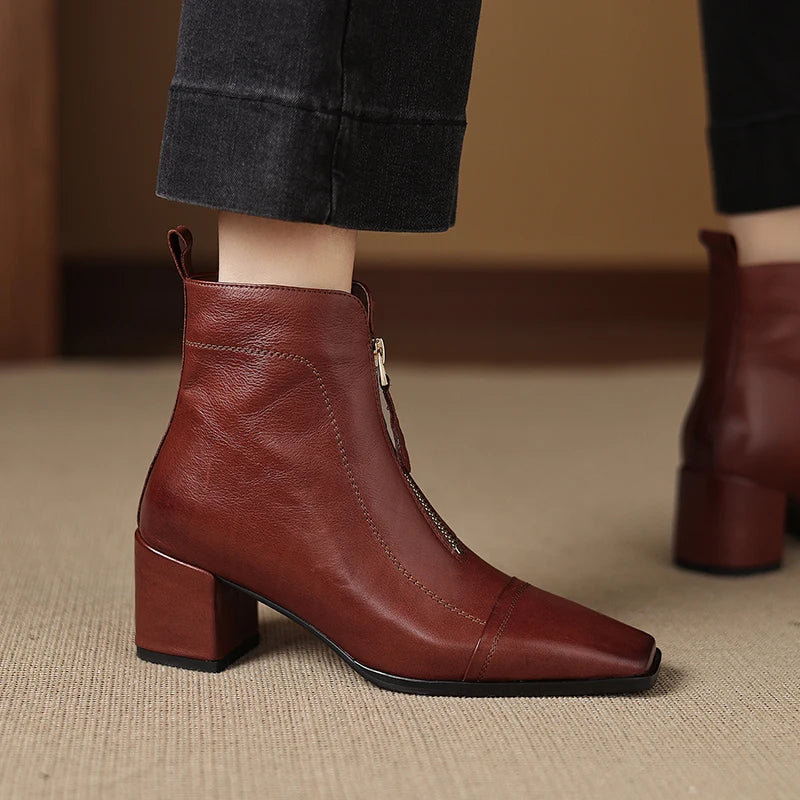 New Women Handmade Genuine Leather Soft comfortable High Heels Ankle Boots Square Toe Short Elegant Short 34-40