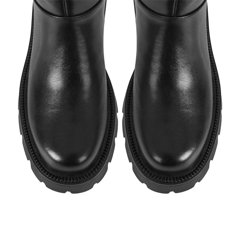 Onlymaker Women Black Matte Knee High Boots High Heeled Winter Warm Woman Fashion Snow  Motorcycle Boots