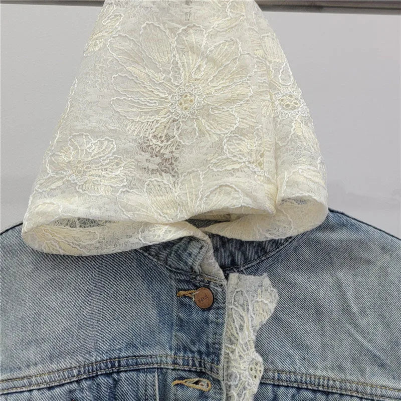 2026  Jeans Jacket Fashion New Style Lace Patchwork Hooded Denim Short Jacket For Women Single-breasted Coat Female Trend 11A08133