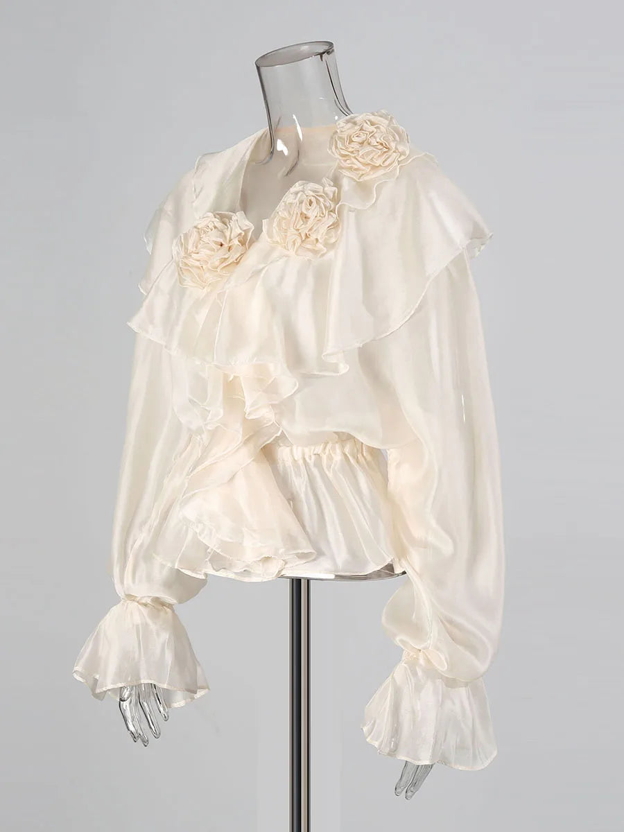 Solid Loose Spliced Fungus Folds Blouses for Women V Neck Long Sleeves Elastic Waist Casual Blouse Female Clothing